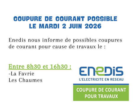 COUPURE DE COURANT POSSIBLE LE MARDI 2 JUIN 2026