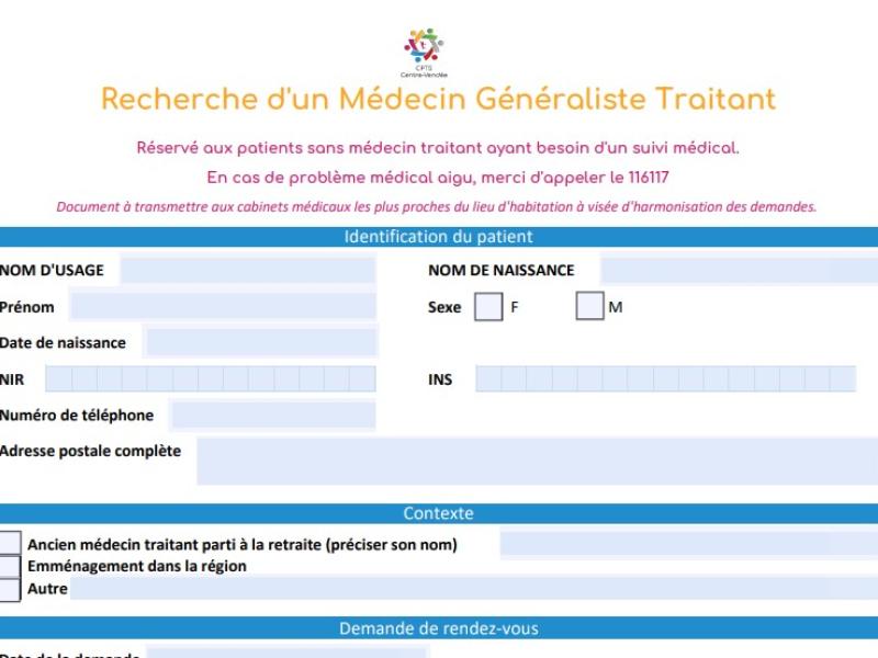 Formulaire d'orientation vers un médecin généraliste traitant