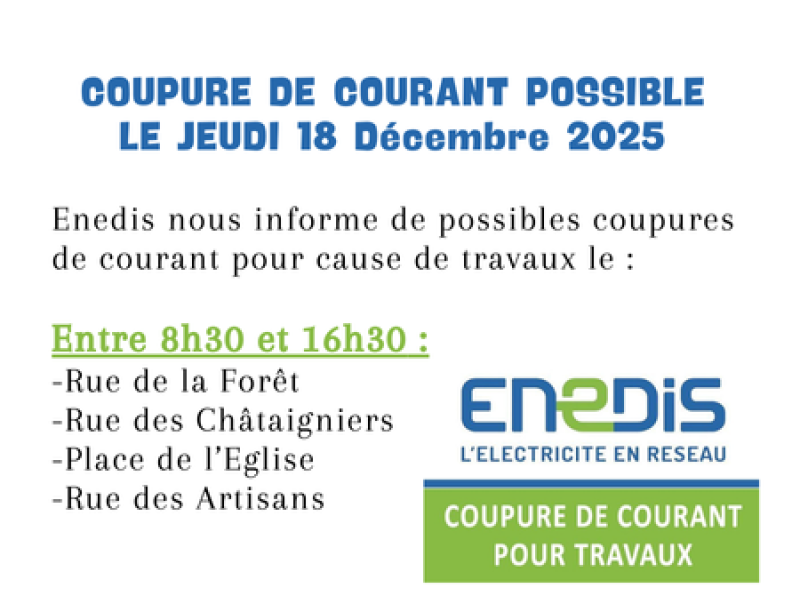 COUPURE DE COURANT POSSIBLE LE JEUDI 18 Décembre 2025
